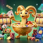 Experience the excitement of sunwin with a vibrant 3D casino scene featuring a giant ramen bowl dealer and neon crypto elements.