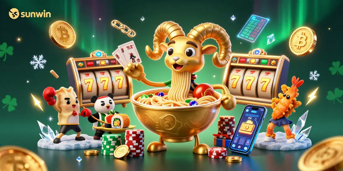 Experience the excitement of sunwin with a vibrant 3D casino scene featuring a giant ramen bowl dealer and neon crypto elements.