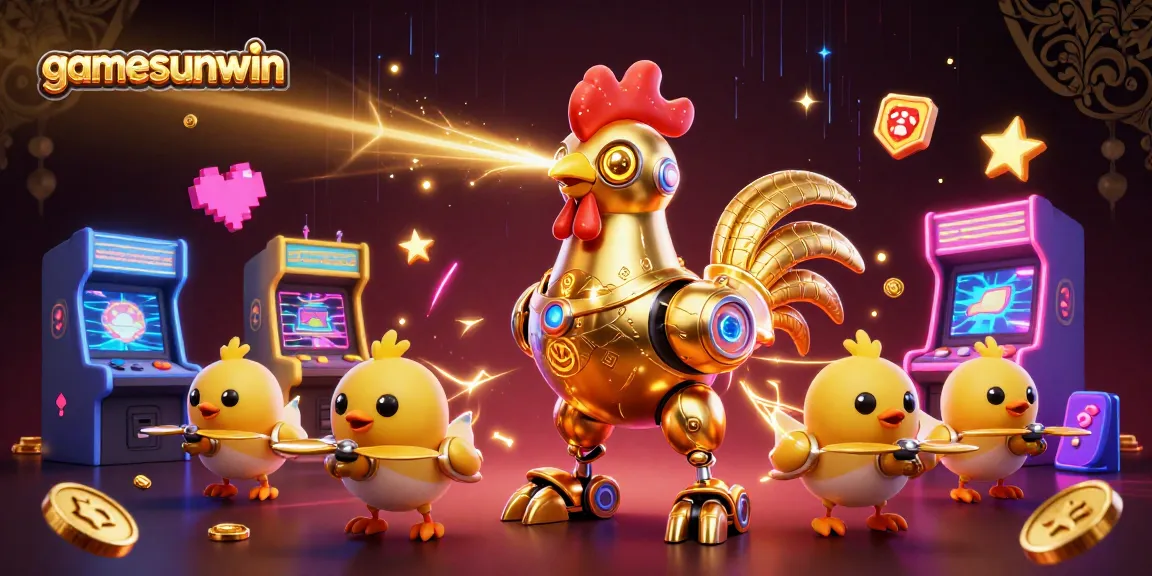 Experience thrilling gamesunwin adventures with a dynamic golden rooster robot and chick drones.
